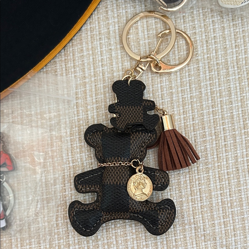 Brown Checkered Bear Keychain with Gold Accents